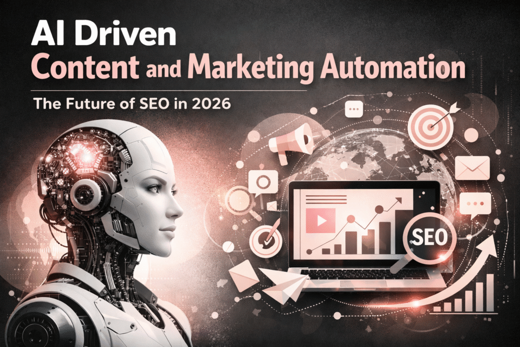 AI robot next to a laptop showing SEO and marketing icons, representing AI driven content and marketing automation for 2026.