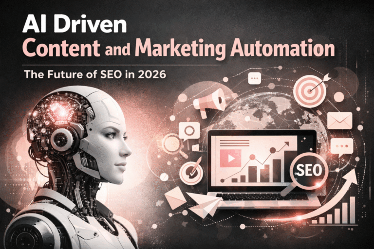 AI robot next to a laptop showing SEO and marketing icons, representing AI driven content and marketing automation for 2026.